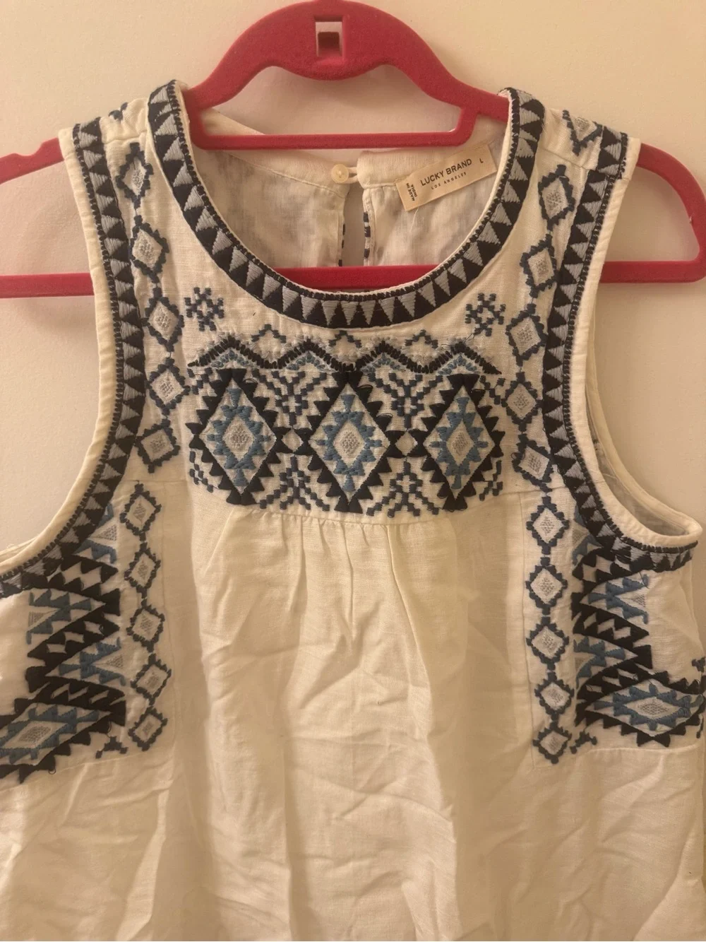 NWOT Lucky Brand Cream dress with Blue Geometric Embroidery - Picture 2 of 7
